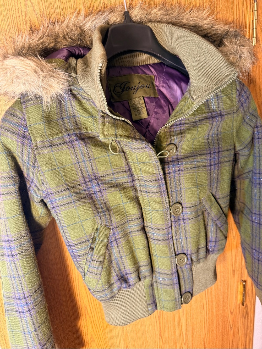 Y2K Jou Jou Wool Blend Plaid Bomber w/ Removable Faux Fur Hood - Picture 3 of 7